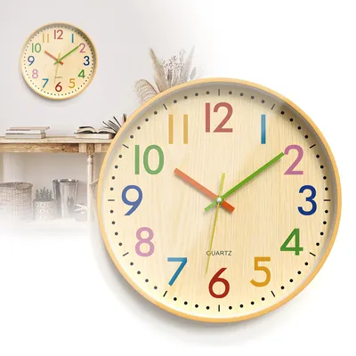 Kinder-Wanduhr 30 cm, geräuschlos, farbenfrohe Ziffern, Holzoptik