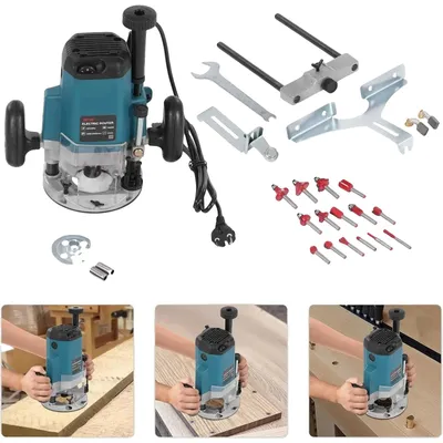 Image de Fraise électrique pour bois, puissance 2200W, vitesse de 10000 à 23000 tr/min, profondeur de coupe maximale de 5,8 cm, 15 lames de fraisage, compatibilité avec des mandrins de 6,35 mm à 12,7 mm
