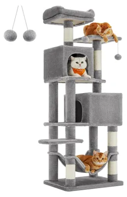 Image de Arbre à chat - Tour d'escalade de 155 cm - 2 cachettes - 5 niveaux - Revêtement en peluche douce - Stable - Gris clair