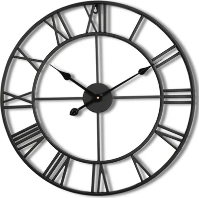 A black metal wall clock with Roman numerals.