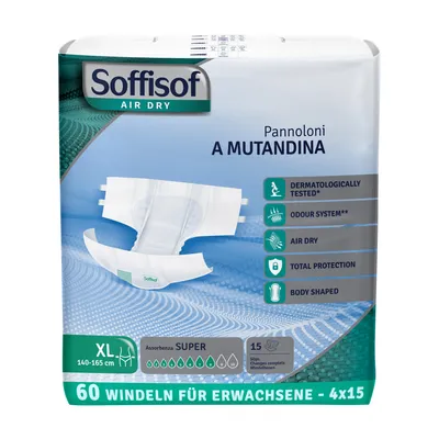 Zdjęcie produktu dla Soffisof Air Dry pieluchomajtki dla dorosłych Super XL - 60x majtki chłonne - 4 opakowania po 15 sztuk, 8 kropli - pieluchomajtki chłonne