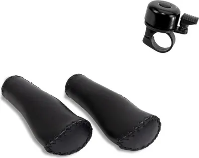 Image de Poignées de vélo ergonomiques Selle Orient en cuir véritable 135/135 mm noir, avec 1 sonnette de vélo