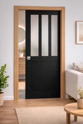 Immagine prodotto di Porta scorrevole da officina nera con vetro depoli H204 x L83 cm, incasso, kit finitura GD MENUISERIES