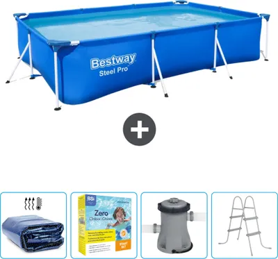 Obrázek produktu pro Obdélníkový bazén Bestway Steel Pro - 300 x 201 x 66 cm - modrý - včetně markýzy - balíčku na údržbu - čerpadla - žebříku
