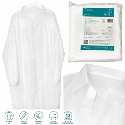 Obrázok produktu pre Jednorazové ochranné oblečenie Mercator, biela farba, 10 kusov. Ochranný laboratórny plášť, productTiles.product.images.aiGenerated