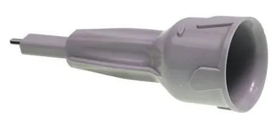 A gray plastic kitchen appliance attachment is shown against a white background.