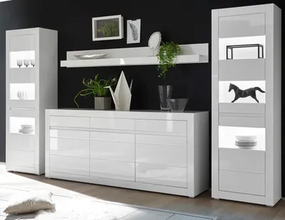 Produktbild von Esszimmer Set Wohnwand "Nobile" in Hochglanz weiß und Stone Design grau 4-teilig 369 x 198 cm
