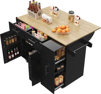 Produktbild von Kuechenschrank 110x46x90.5 cm Schwarz Buffetschrank Moderne Kuecheninsel Speisewagen Holzmaserung Multifunktionale Esstisch Speicherraum Speisewagen