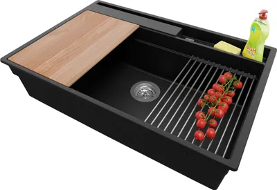 Produktbild von PRIMAGRAN Spülbecken Schwarz Metallic 78x53cm, Granitspüle 1 Becken + Ablauf-Set + Küchenzubehörset, Küchenspüle ab 80er Unterschrank - Oslo Pocket