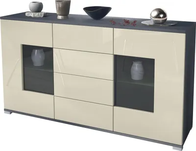 Produktbild von Vladon Sideboard Grömitz V1, Kommode mit 2 großen Türen und 4 Schubladen, Anthrazit matt/Creme Hochglanz (138,5 x 75,5 x 35)