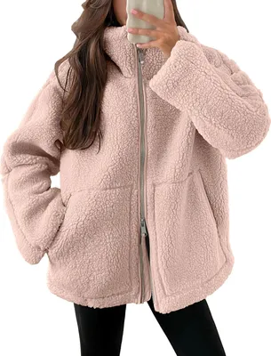 Image de ASKSA Femme Teddy Veste polaire Veste chaude en flanelle Veste épaisse de loisirs Veste d'hiver Veste polaire unie avec poches Fermeture éclair Manteau d'hiver,Rose clair,M