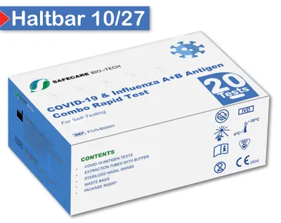 Produktbild von 20x Safecare 3in1 COVID-19 & Influenza A+B Antigen Selbsttest | MHD 10/27 - neueste Variante | Grippe SARS-CoV-2 Antigentest Schnelltest | 3124