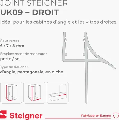 Image de STEIGNER Joint porte de douche 100cm UK09 (1 pc.) transparent - Joint vertical pour douche d’angle, en niche ou pentagonale avec porte 6-8 mm - Ajustement parfait, Matériau durable, Imperméable
