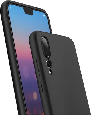 A black phone case is shown in front of a smartphone.