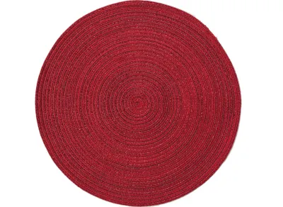 A round, red placemat with a textured, concentric ring pattern, isolated on a white background.