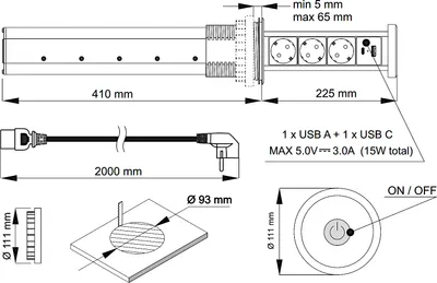 Produktbild von DesignLight LIFTBOX USB Automatisch - SCHWARZ - 3x Schuko und USB A u. C / Steckdosenleiste / Schuko-Verteiler