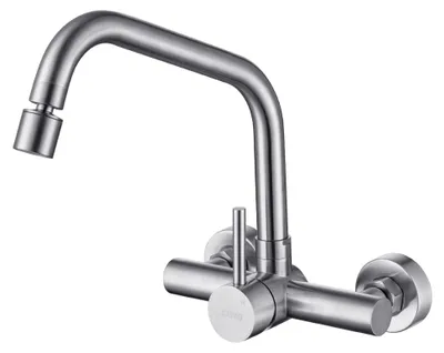 Produktbild von Wandmontage Wasserhahn für die Küche mit 2 Strahlarten, Küchenarmatur mit 360° drehbarem Auslauf, Wandarmatur aus gebürstetem Edelstahl, Matt