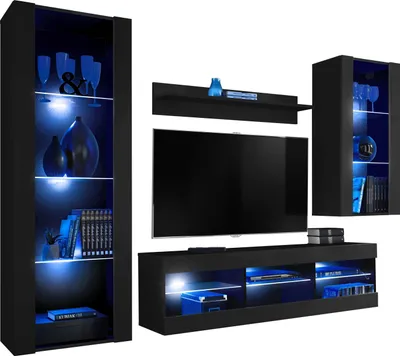Produktbild von Komodee | Wohnwand mit TV-Schrank und Vitrine Tivoli Set Medio, Korpus Schwarz Matt Frontfarbe Schwarz Matt, LED Blau