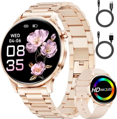 Produktbild von Damen mit Telefonfunktion Elegant Silber Edelstahl Smart Watch für Android iOS,Herzfrequenz,Schlafmonitor,Menstruationszyklus,100+ Sportmodi