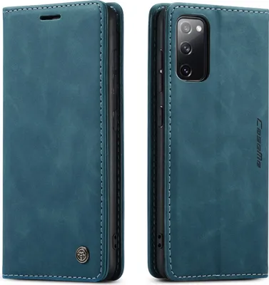 A blue flip case for a Samsung Galaxy S20 FE phone, shown from two angles.