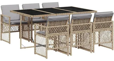 Productafbeelding van Eetset voor de tuin, 7-delig, met kussens, van polyrotan en glas, beige/grijs
