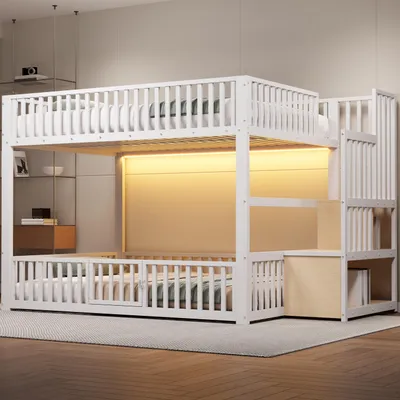 Immagine prodotto di Letto a castello 140x200 cm, con illuminazione a LED, con spazio contenitivo, con scaletta, con letto a scomparsa, con testiera imbottita, bianco