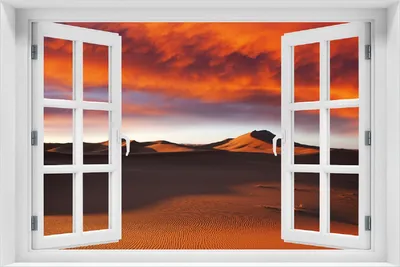 Produktbild von Wallario Poster mit Fenster-Illusion: Sahara Wüste II - Sanddünen im Sonnenuntergang, Größe: 100 x 150 cm