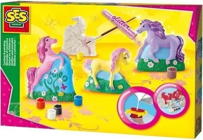 Produktbild von SES Creative Pferde Gipsfiguren Set zum Gießen und Bemalen, 3 Figuren, mit Farbe und Glitzer, 5+ Jahre