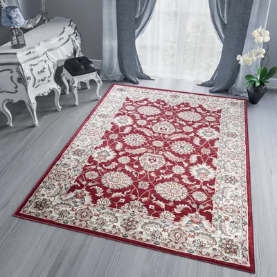 Produktbild von Teppich Wohnzimmer Schlafzimmer Kurzflor Design Klassisch Rot Ecru 300 x 400 cm