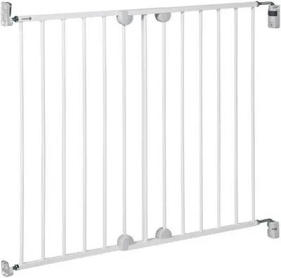 A white metal safety gate is shown against a white background.