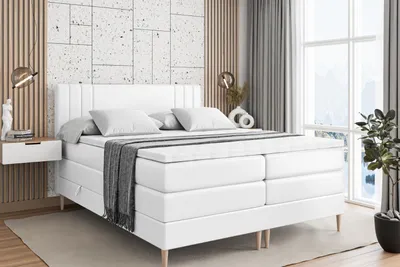 Produktbild von ALTDECOR Boxspringbett mit Holz Füßen, Matratze und Lattenrost, Topper, Polsterbett mit Bettkasten, Bett mit Stauraum H3- und H4- Matratze, Doppelbett -IDRIKO-FD KING-180x200 - Weiß Kunstleder