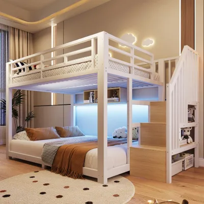 Image de Lit superposé en métal avec éclairage LED, escalier avec espace de rangement, trois étagères, barrière de sécurité et marche, sans matelas, dimensions 140 x 200 cm, blanc