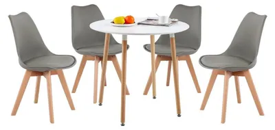 Produktbild von Küchentisch-Set mit 4 Skandinavischen Stühlen, Rund, Weiß/Grau