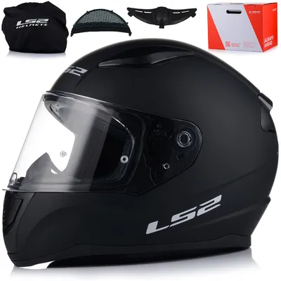 A black LS2 motorcycle helmet is displayed with accessories and packaging.