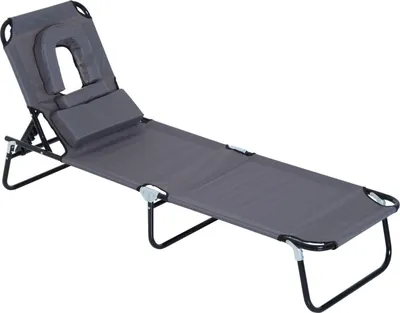 Produktbild von Sonnenliege klappbar Gartenliege mit Kopfkissen Liegestuhl mit 4-Fach verstellbare Rückenlehne Campingliege mit Lesefenster Gartenstuhl bis 120kg belastbar für Garten, Balkon Grau