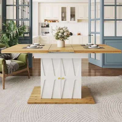 Image de Table à rallonges moderne avec espace de rangement et placage en bois à motif soleil pour la cuisine et le salon, 110 (140) x 70 x 76 cm,