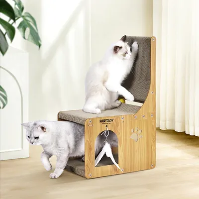 Produktbild von Kratzbrett für Katzen - L-förmig - 65 cm - mit Bällebahn und Kratzmöglichkeiten für Wand und Ecke