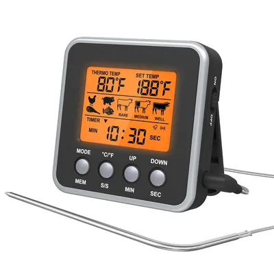 Produktbild von Digitales Fleischthermometer, Küchenthermometer mit Timer, 0–300 °C, 7 Fleischarten, Timer, Hintergrundbeleuchtung