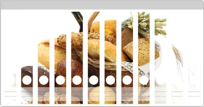 Produktbild von Wallario Ordnerrücken Sticker, selbstklebend für schmale Ordner, 12 Stück, Motiv Brot und Brötchen im eleganten Korb - mit Wein und Getreide