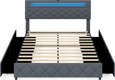 Obrázek produktu pro COSTWAY čalouněná postel 160 x 200 cm s LED osvětlením, 2 USB porty, rám dvojlůžka se zásuvkami, nastavitelným čelem a roštem, bez matrace