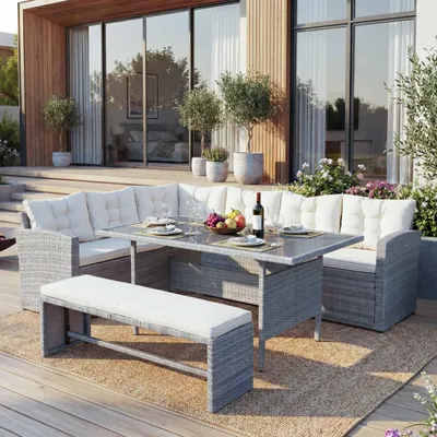 Produktbild von Poly-Rattan-Garnitur HWC-A29, Gartengarnitur Sitzgruppe Lounge-Esstisch-Set Sofa  hellgrau, Kissen creme + Bank