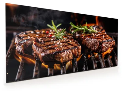 Produktbild von Küchenrückwand Spritzschutz Glas mit Motiv Gegrillte Steaks 40 x 40 cm