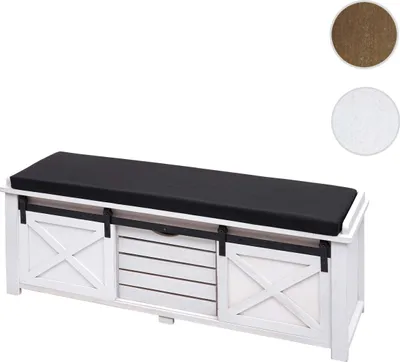 Zdjęcie produktu dla Ławka ze schowkami HWC-H53, tapicerowana ławka z siedziskiem, komoda z szufladami, metalowy materiał w stylu shabby 43x102x33cm ~ biały