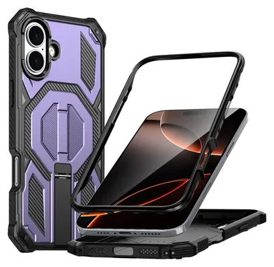 Image de Étui magnétique pour iPhone 16 Plus, compatible MagSafe, avec support métallique, étui antichoc de qualité militaire - Violet
