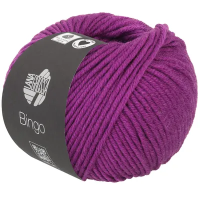 A ball of purple yarn with a label.