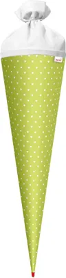 Produktbild von Bastel-Schultüte groß hellgrün - weiße Herzen 70 cm - 6-eckig Rot(h)-Spitze und Filzverschluss weiss