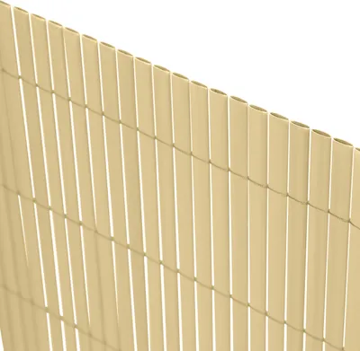 A close-up view of a beige PVC privacy screen, showing its woven texture and vertical slats.