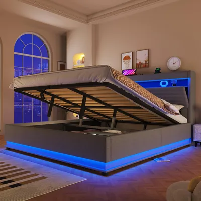 Produktbild von Flieks Hydraulisches Polsterbett 180x200cm mit Led, Stauraumbett Doppelbett mit Usb & Type-c, Jugendbett mit Stauraum und Lattenrost, Leinen, Grau