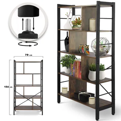 Produktbild von MIADOMODO® Bücherregal - 4 Offene Regalebenen, 79 x 30 x 155 cm, Stahlgestell, Industrie Design, 4 versetzte Trennwände, MDF, Vintagebraun/Schwarz - Standregal, Wandregal, Hochregal, Büroregal