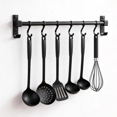 Obrázek produktu pro Háček na nádobí – černý – 40 cm – hliník s pohyblivými háčky – pro kuchyňské náčiní